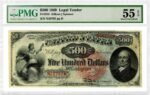 1869 $500 “Rainbow” Legal Tender Banknote, graded PMG 55 EPQ About Uncirculated